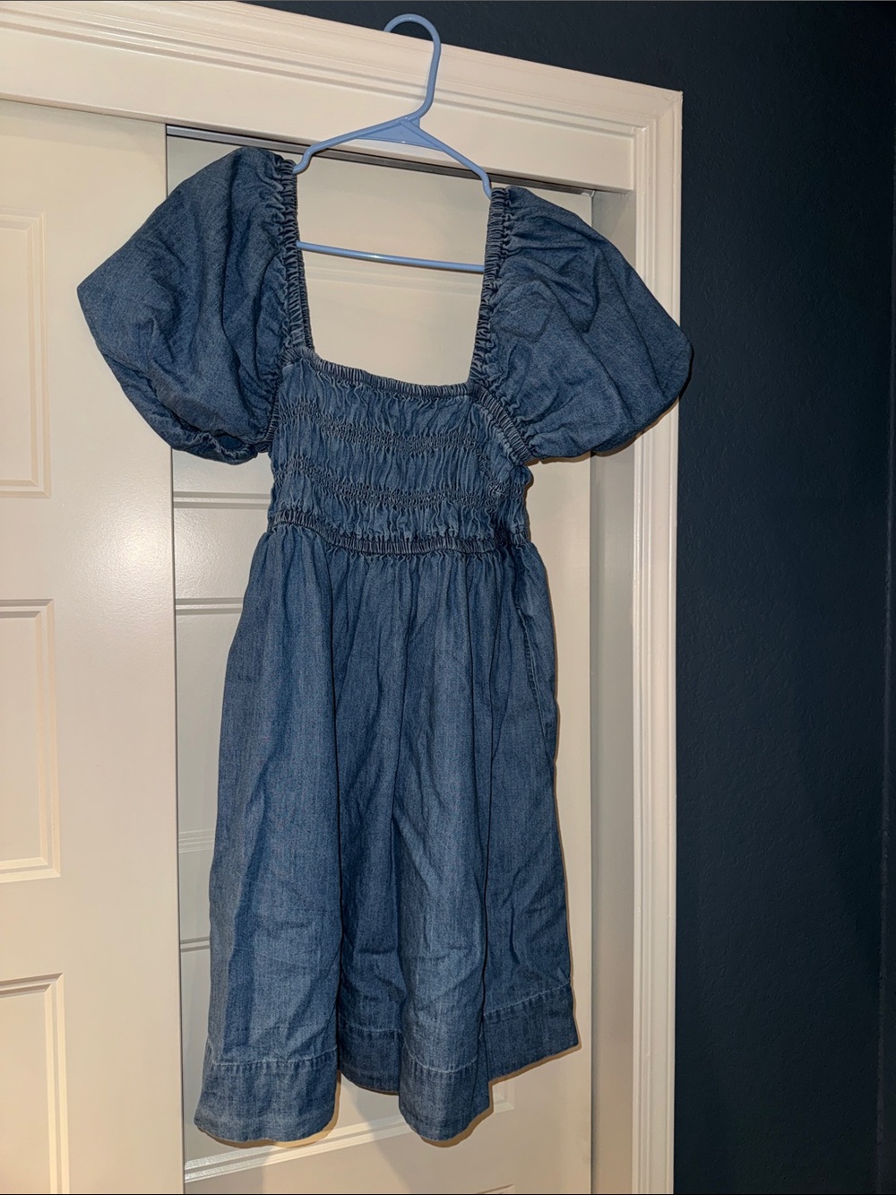 Smocked Puff-Sleeve Mini Dress in Denim Blue